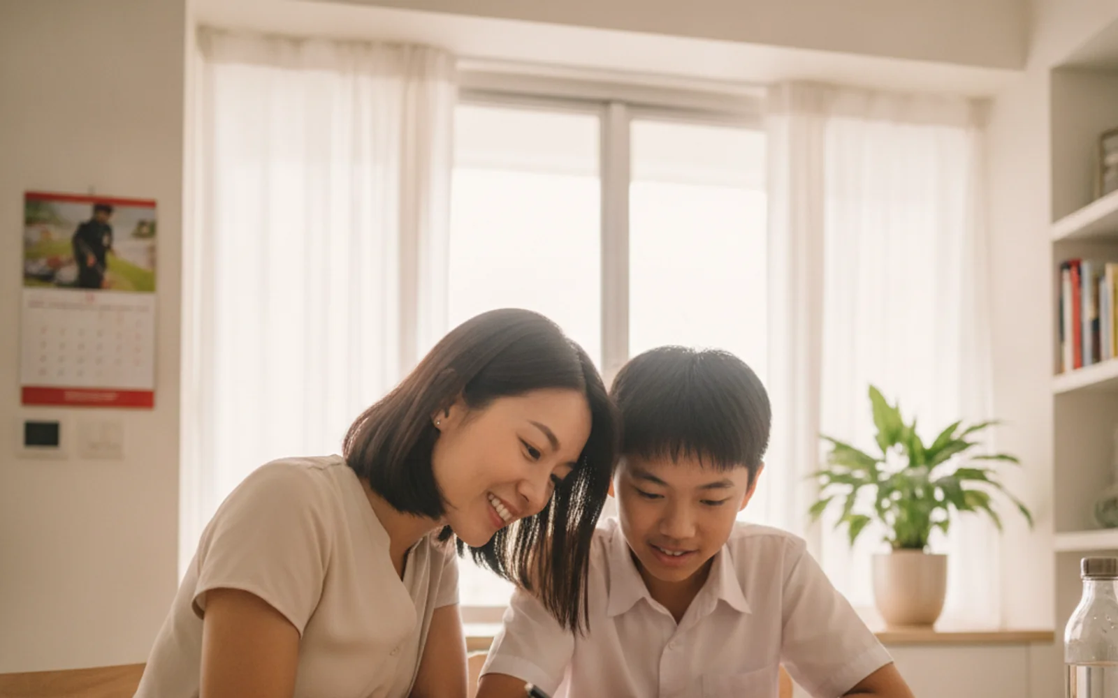 A math tutor helping a Singapore student with equations at a home study table
